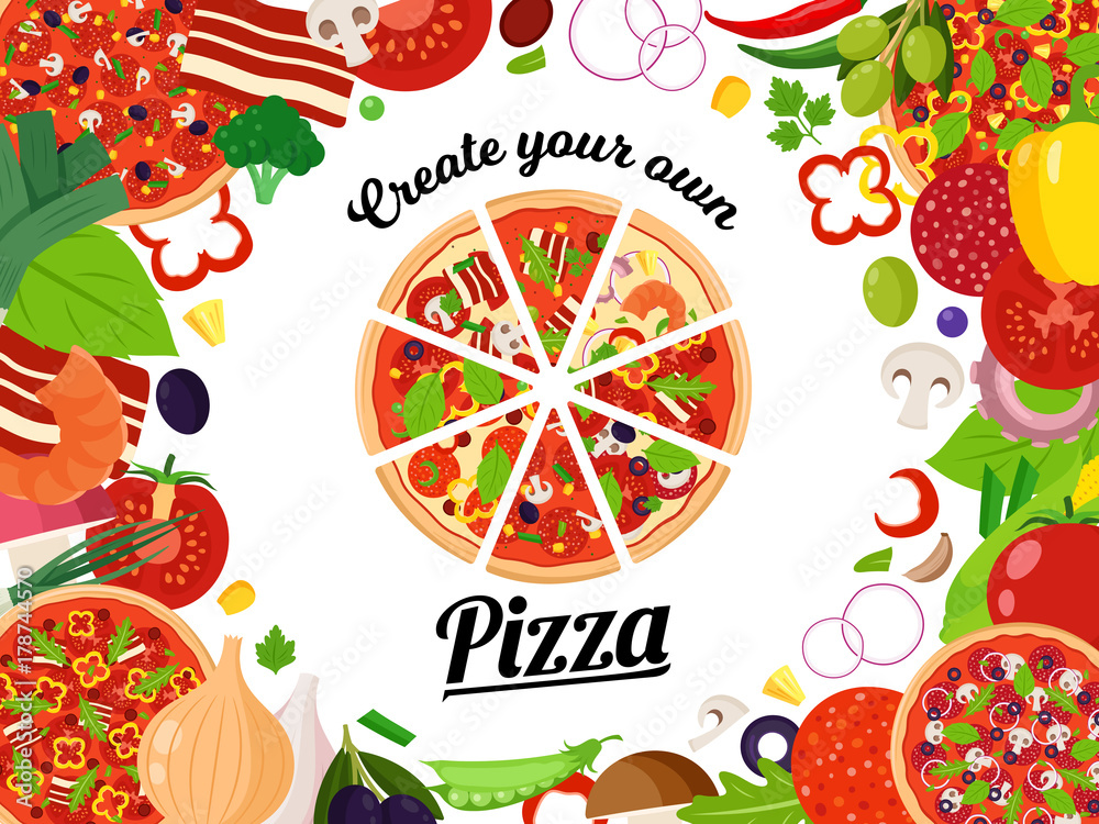 Wall mural Vector pizza illustration with slices and many ingredients