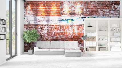 Modern interior in vogue with white couch and copyspace in horizontal arrangement. 3D rendering.