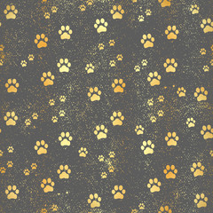 Gold Paw print seamless pattern. Seamless pattern of animal gold footprints. Dog paw print seamless...