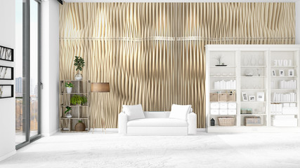 Modern loft interior in vogue with white couch and copyspace in horizontal arrangement. 3D rendering.