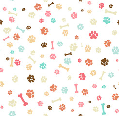Dog paw print seamless. Template for your design, wrapping paper, card, poster, banner, flyer. Vector illustration. Isolated on white background - obrazy, fototapety, plakaty