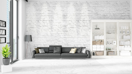 Modern interior in vogue with black leather couch and copyspace in horizontal arrangement. 3D rendering.