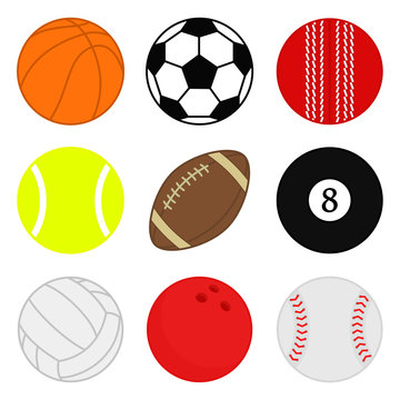 Sports balls vector set. Cartoon ball icons. Collection of colorful balls. Flat style.