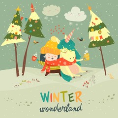 Cute girl hugging unicorn. Winter wonderland