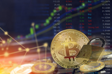 Secure bitcoin transaction with lock and digital blockchain authentication.  Copyspace for text.