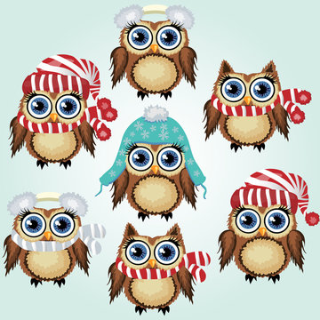 Set of seven little cute owl in fluffy, soft headphones from the cold, caps and scarf