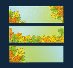 Vector set of autumn banners. Three templates for your design. Various bright fall leaves and hand-lettering. There are places for your text on white area.