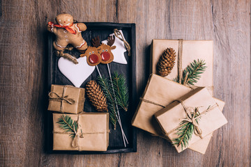 Christmas gifts in crate. Vintage Style. Top view.