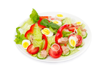 Tuna salad with lettuce, eggs and tomatoes isolated on white.