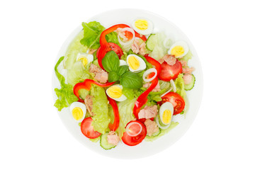Tuna salad with lettuce, eggs and tomatoes isolated on white. Top view.
