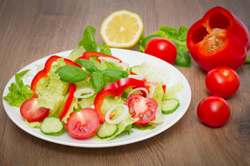 fresh vegetarian salad in a white plate on the wooden table