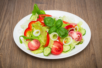 fresh vegetarian salad in a white plate on the wooden table
