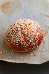 homemade burger with sesame seeds and flax