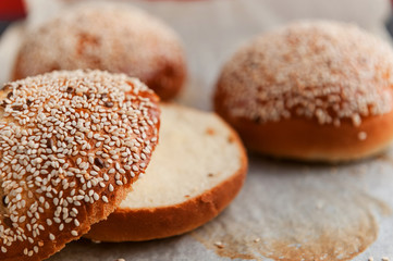 homemade burger with sesame seeds and flax