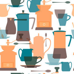 Coffee maker, coffee pot, coffee grinder, cezve, pitcher, coffee cup, spoon, saucer. Dishes for coffee. Flat color transparent silhouettes. Seamless background. Vector illustration.
