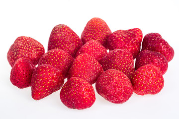 Strawberries, frozen. Macro,frozen organic strawberries,a handful of sweet, luscious frozen strawberries isolated on white background,frozen strawberries background,Abstract background from strawberry