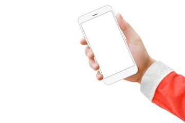 Santa Claus's hand holding white smartphone with blank screen, isolated on white background