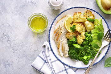 Grilled chicken breast with vegetables.Top view with copy space.