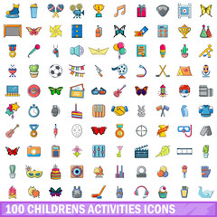 100 childrens activities icons set, cartoon style 