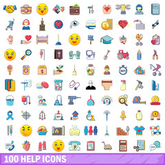 100 help icons set, cartoon style 