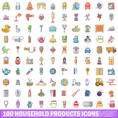 Fototapeta na wymiar 100 household products icons set, cartoon style 