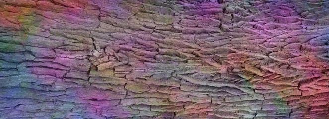 Colourful rough bark background - pink, blue, yellow, orange and green colours randomly infused into the surface of a wide very rustic flat view of natural tree bark