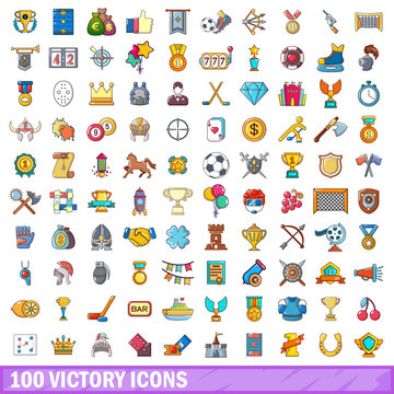 100 victory icons set, cartoon style 