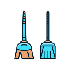 Mop and dust pan flat color line icons. Broom and scoop vector i