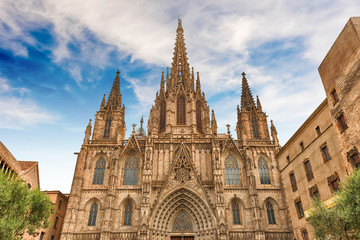 Fototapeta na wymiar Scenic facade of the Barcelona Cathedral, Catalonia, Spain
