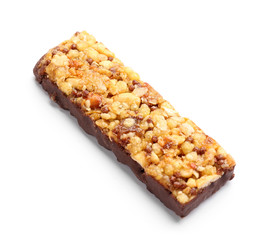 Healthy cereal bar with chocolate on white background