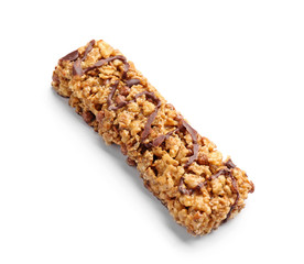 Healthy cereal bar with chocolate on white background