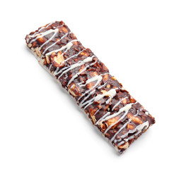 Healthy cereal bar with chocolate on white background