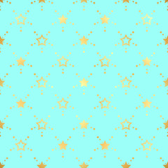 Gold star seamless pattern. Abstract blue modern seamless pattern with gold confetti stars. Vector illustration. Shiny background. Texture of gold foil.