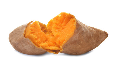 Baked sweet potato on white background