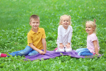Naklejka na ściany i meble Adorable little children sitting on blanket in park