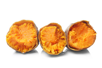 Baked sweet potato on white background