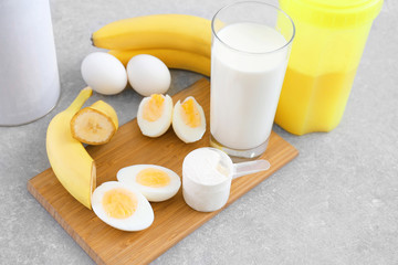 Ingredients for protein shake on kitchen table