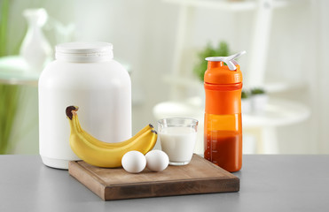 Ingredients for protein shake on table
