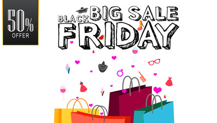 Big sale Black Friday design white background. 50% offer price Holiday events, Black Friday banner. illustration