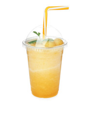 Melon smoothie in plastic glass, isolated on white