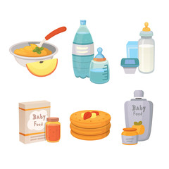 Juices and purees from green apples and broccoli for baby. food for baby cartoon products set.