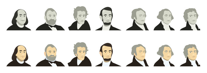 Portraits of US Presidents and famous politicians. Stylized like on US Dollar banknotes money of USA. George Washington, Thomas Jefferson, Abraham Lincoln, Alexander Hamilton, Andrew Jackson, Ulysses