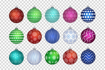 Vector set of realistic isolated Christmas balls for decoration and covering on the transparent background. Concept of Merry Christmas and Happy New Year.