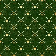 Gold star seamless pattern. Abstract green modern seamless pattern with gold confetti stars. Shiny background. Texture of gold foil.