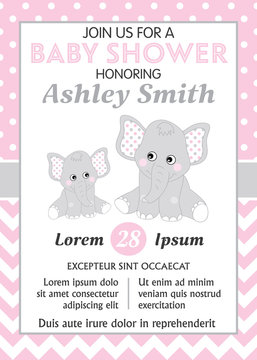 Vector Card Template with Cute Elephants for Baby Girl Shower