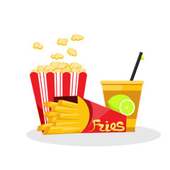 snack on vacation, popcorn and french fries, a glass of juice with a straw