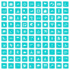 100 surfing icons set grunge blue