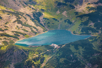 Fototapeta premium Aerial view of Five lakes valley in High Tatra Mountains, Poland