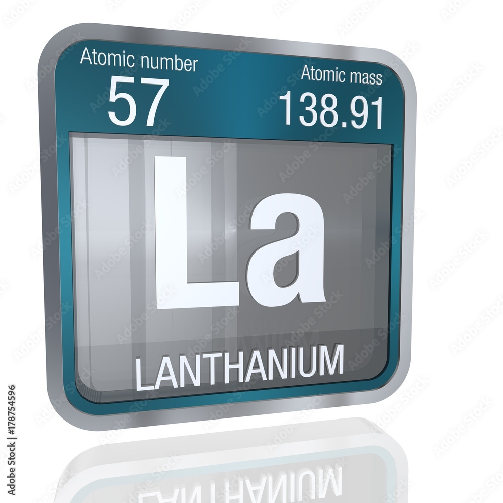 Wall mural Lanthanium symbol  in square shape with metallic border and transparent background with reflection on the floor. 3D render. Element number 57 of the Periodic Table of the Elements - Chemistry  - Wall murals