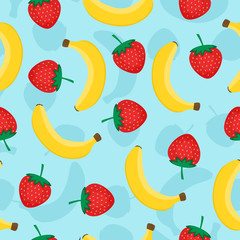 Seamless pattern with yellow bananas and red strawberries. Cute vector background. Fruits illustration on blue background
